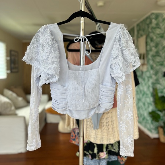 Free People Dream Of You Top Light Blue Long Sleeve Lace Sz XS - Picture 9 of 9